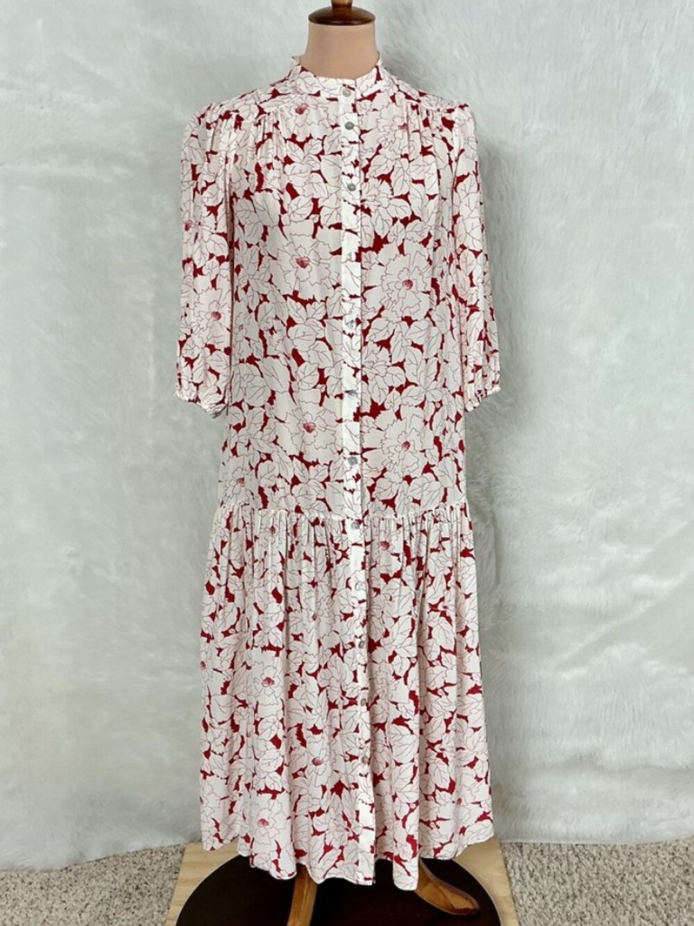 Christy Lynn Amelia Red & Off-White Floral Silk Half Sleeve Midi Dress XS